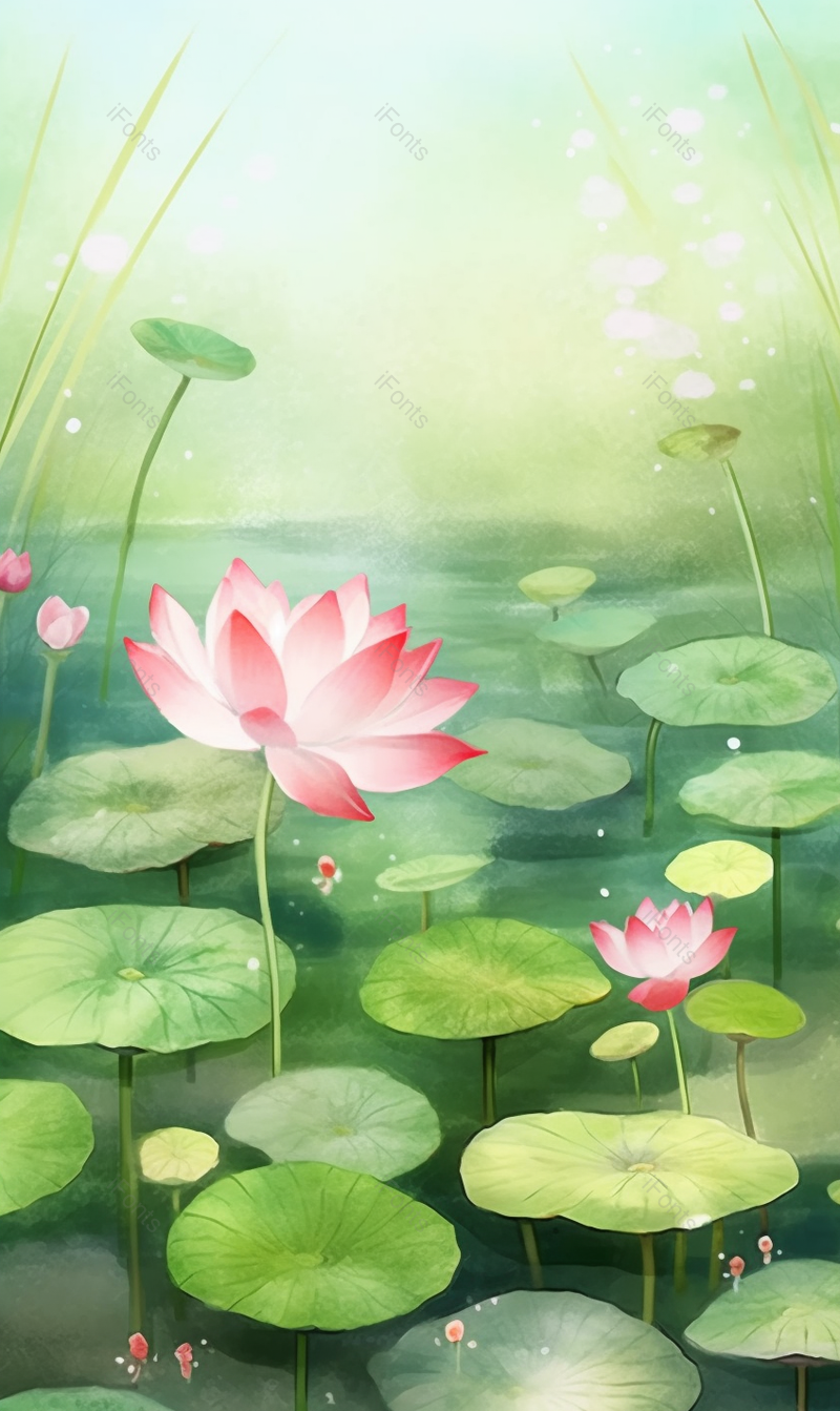 日光夏天夏至绿色池塘荷花荷叶白天自然植物插画,插画/手绘图,插画/手绘图库,插画/手绘图下载,插画/手绘